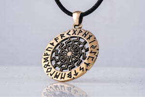 Black Sun Symbol with Elder Futhark Runes Bronze Pendant - vikingworkshop