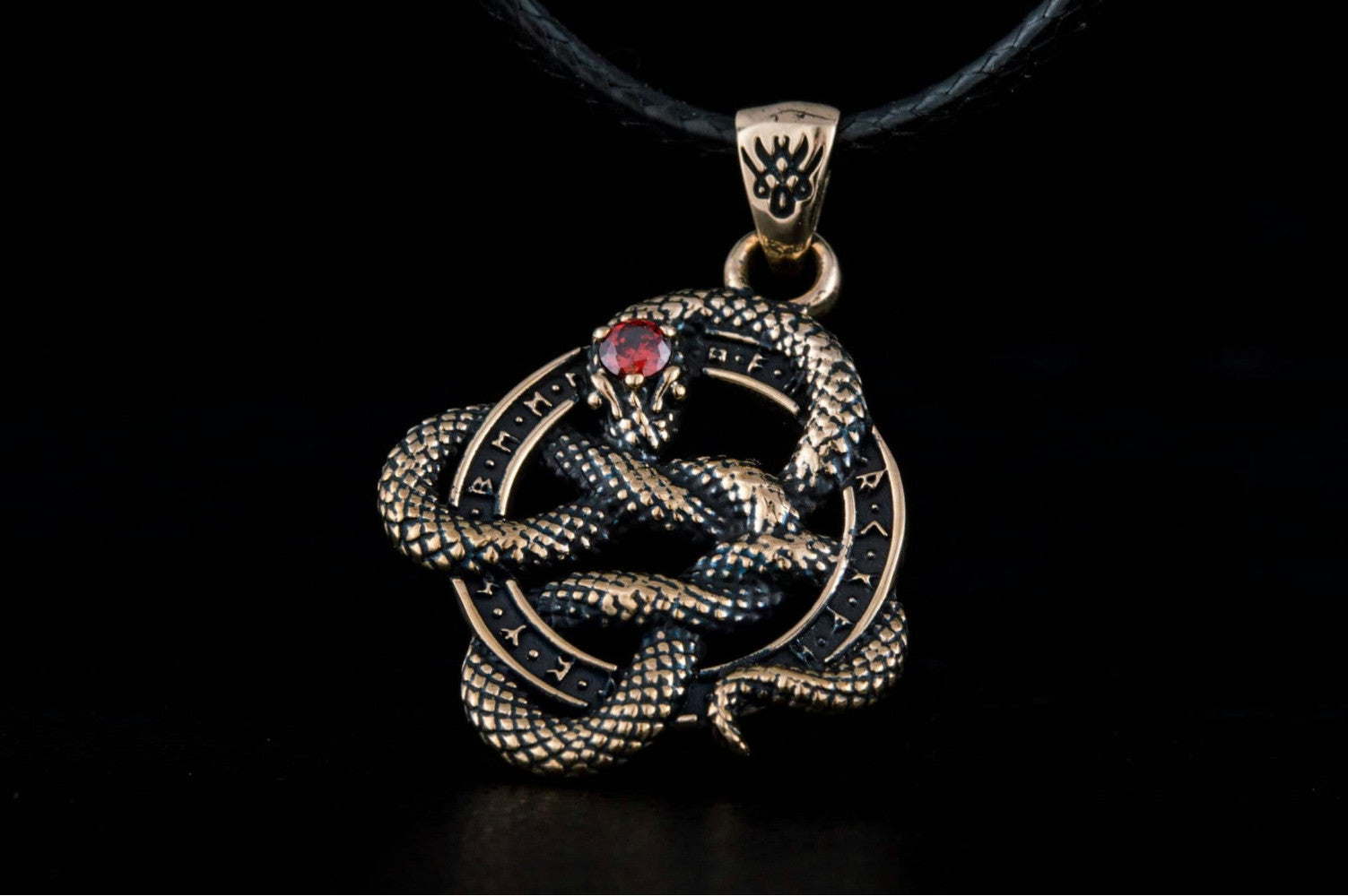 Snake Pendant with Runes and Red Cubic Zirconia Bronze Norse Jewelry - vikingworkshop