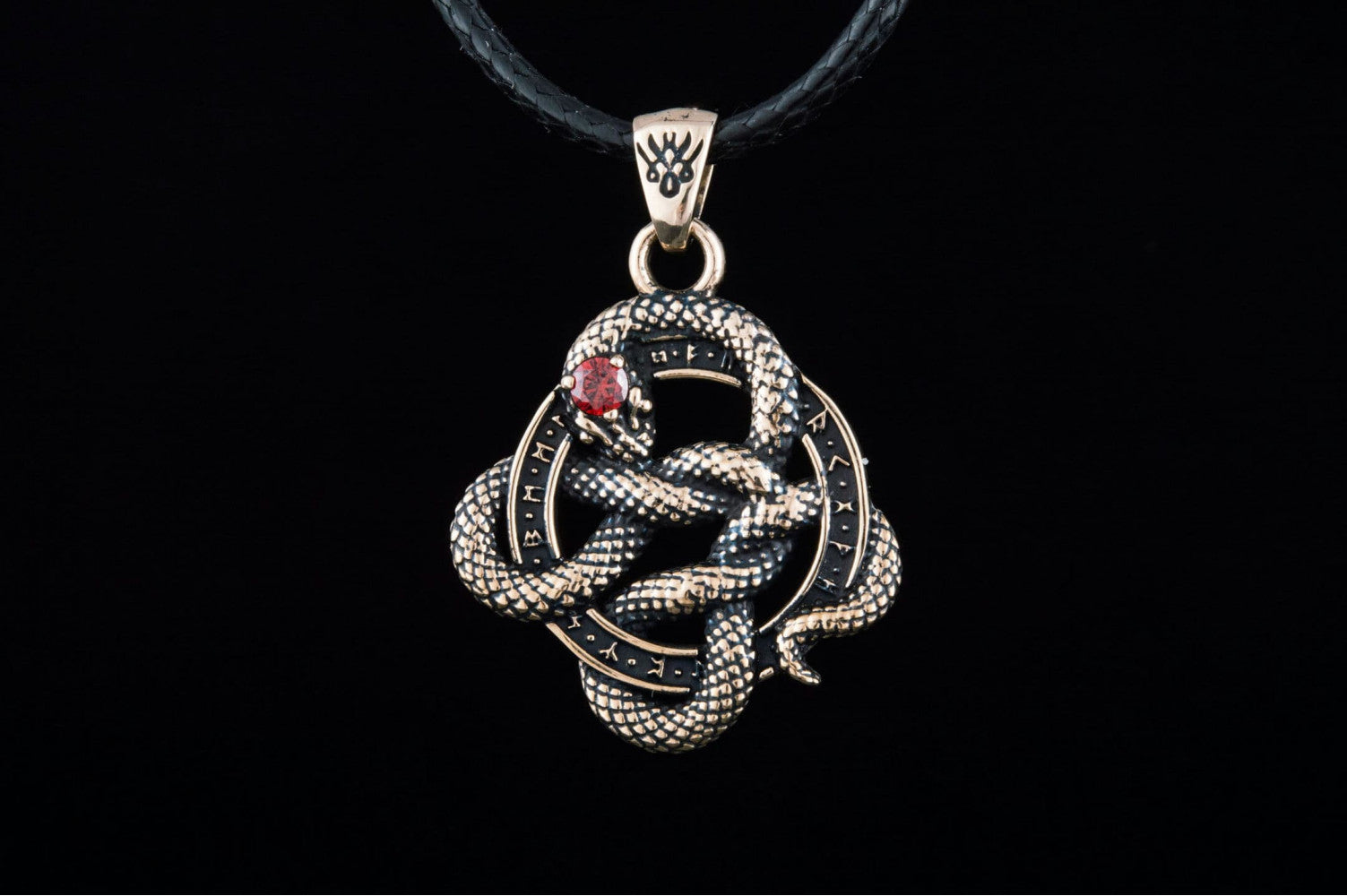 Snake Pendant with Runes and Red Cubic Zirconia Bronze Norse Jewelry - vikingworkshop