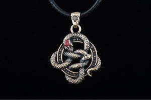 Snake Pendant with Runes and Red Cubic Zirconia Bronze Norse Jewelry - vikingworkshop