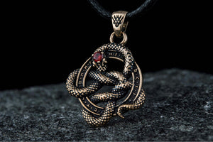 Snake Pendant with Runes and Red Cubic Zirconia Bronze Norse Jewelry - vikingworkshop