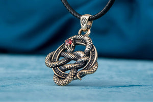 Snake Pendant with Runes and Red Cubic Zirconia Bronze Norse Jewelry - vikingworkshop