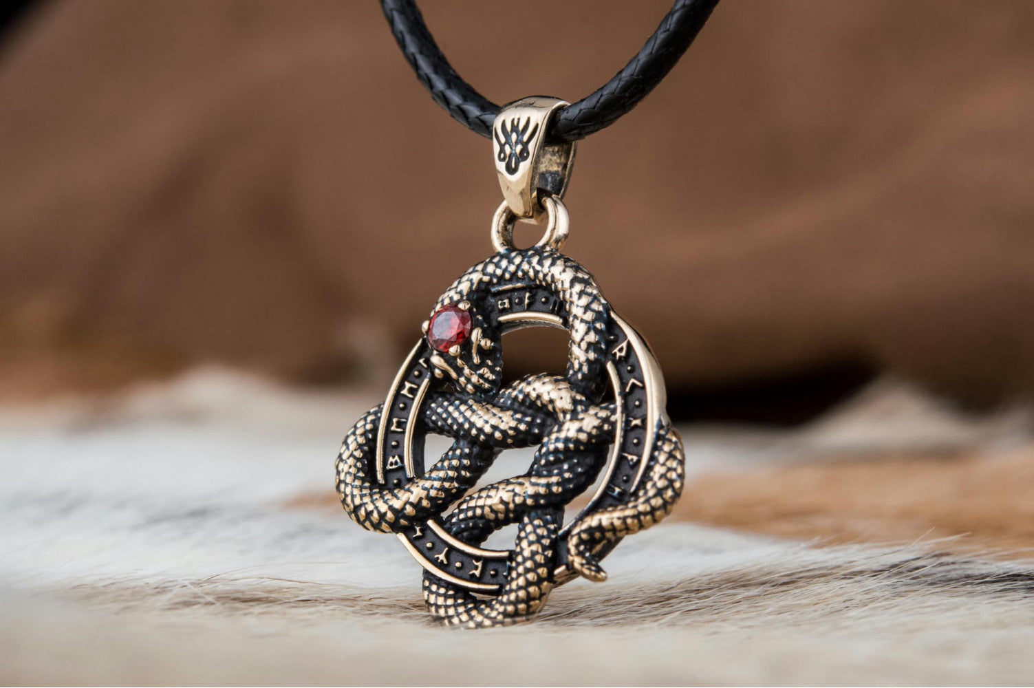 Snake Pendant with Runes and Red Cubic Zirconia Bronze Norse Jewelry - vikingworkshop