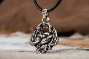 Snake Pendant with Runes and Red Cubic Zirconia Bronze Norse Jewelry - vikingworkshop