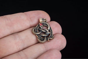 Snake Pendant with Runes and Red Cubic Zirconia Bronze Norse Jewelry - vikingworkshop