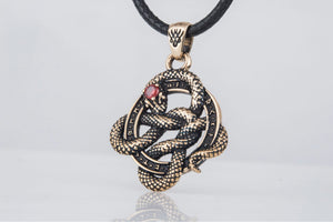 Snake Pendant with Runes and Red Cubic Zirconia Bronze Norse Jewelry - vikingworkshop