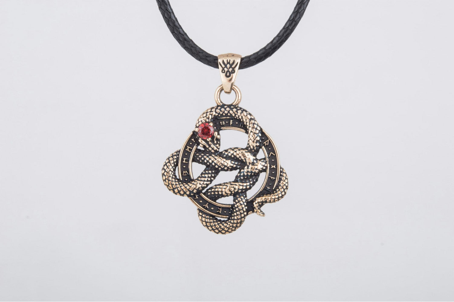 Snake Pendant with Runes and Red Cubic Zirconia Bronze Norse Jewelry - vikingworkshop