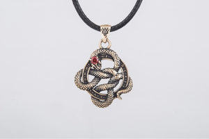 Snake Pendant with Runes and Red Cubic Zirconia Bronze Norse Jewelry - vikingworkshop