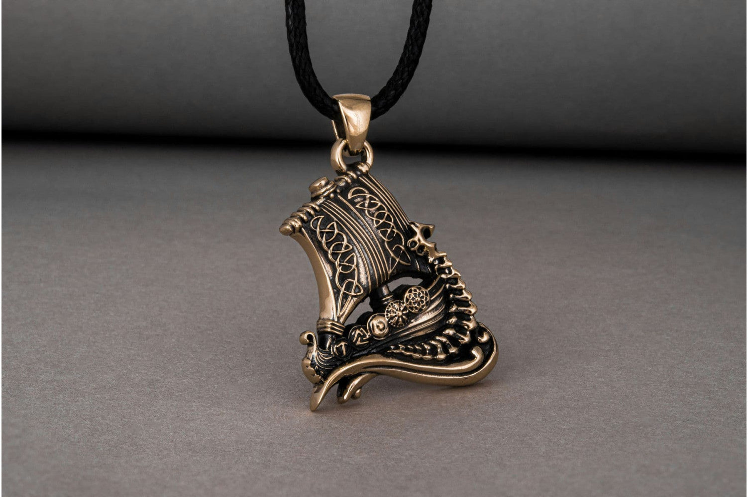 Drakkar Pendant with Viking Symbols Bronze Jewelry - vikingworkshop