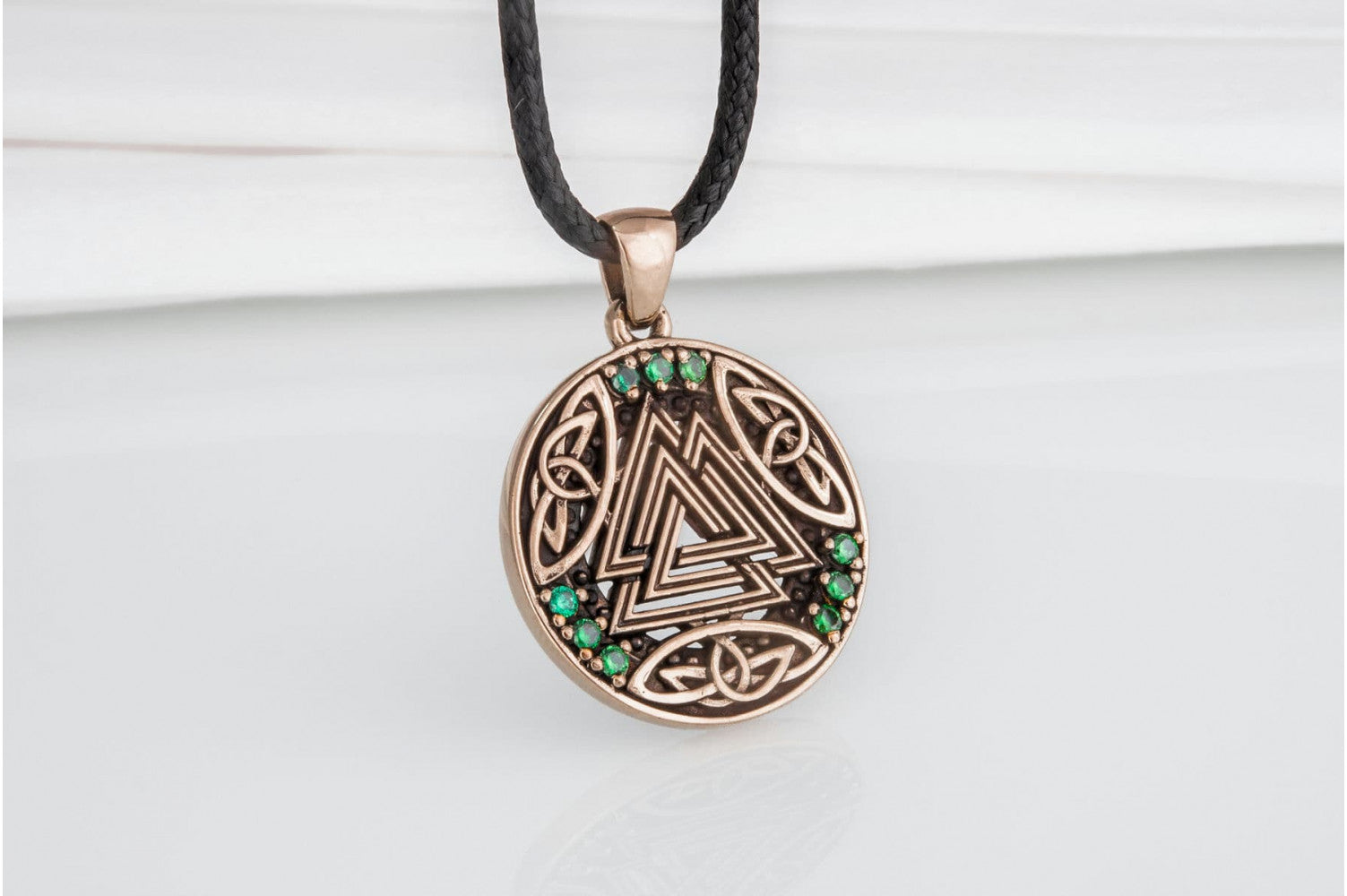 Norse Pendant with Valknut Symbol and Cubic Zirconia Bronze Handmade Jewelry - vikingworkshop