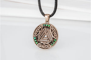 Norse Pendant with Valknut Symbol and Cubic Zirconia Bronze Handmade Jewelry - vikingworkshop