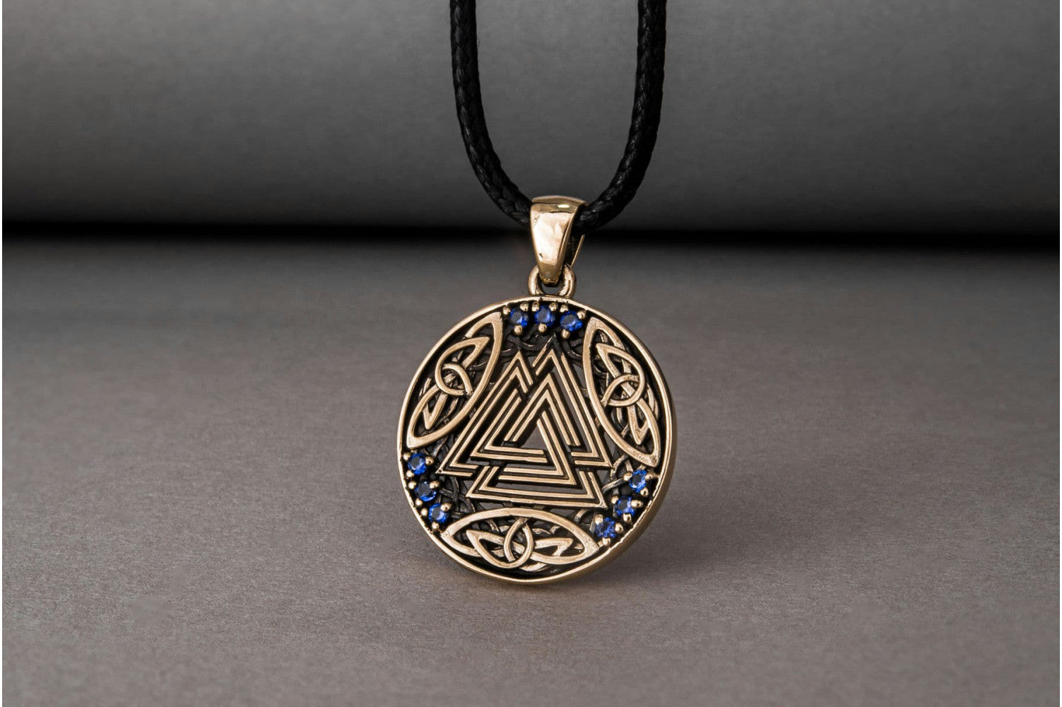 Norse Pendant with Valknut Symbol and Cubic Zirconia Bronze Handmade Jewelry - vikingworkshop