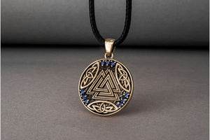 Norse Pendant with Valknut Symbol and Cubic Zirconia Bronze Handmade Jewelry - vikingworkshop