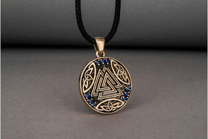 Norse Pendant with Valknut Symbol and Cubic Zirconia Bronze Handmade Jewelry - vikingworkshop