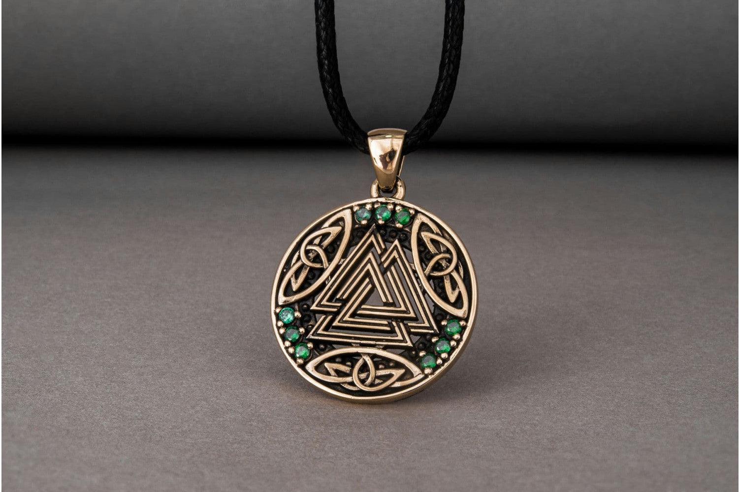 Norse Pendant with Valknut Symbol and Cubic Zirconia Bronze Handmade Jewelry - vikingworkshop