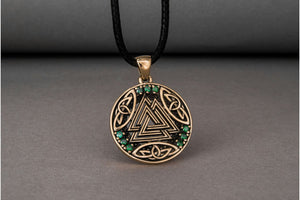 Norse Pendant with Valknut Symbol and Cubic Zirconia Bronze Handmade Jewelry - vikingworkshop