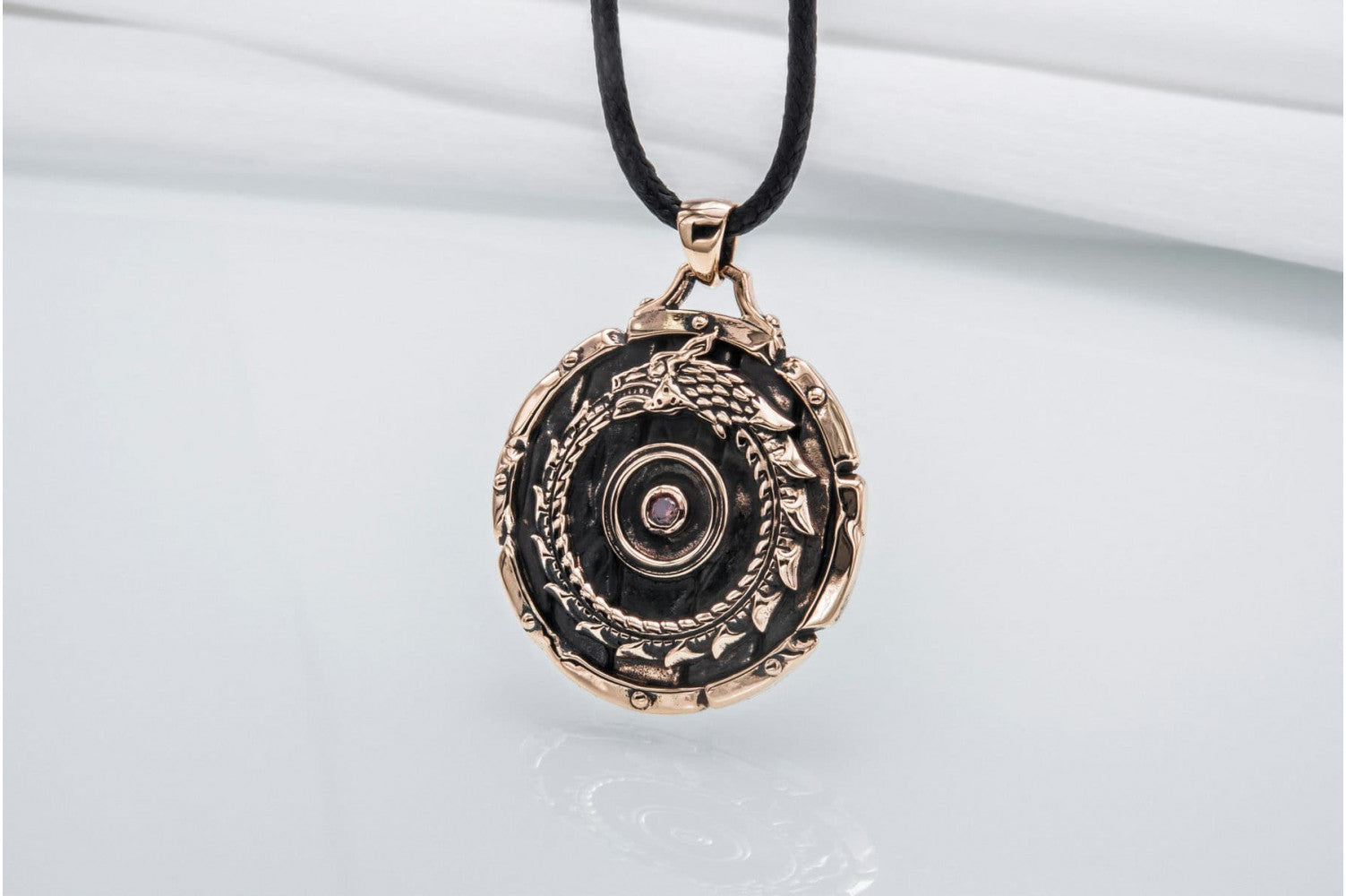 Shield with Ouroboros Symbol Pendant and Gem Bronze Norse Jewelry - vikingworkshop