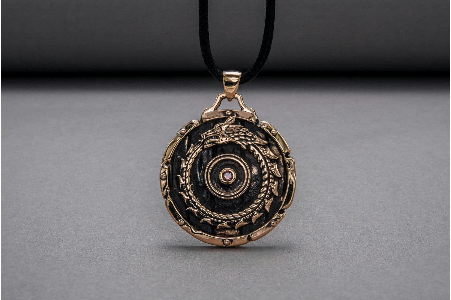 Shield with Ouroboros Symbol Pendant and Gem Bronze Norse Jewelry - vikingworkshop