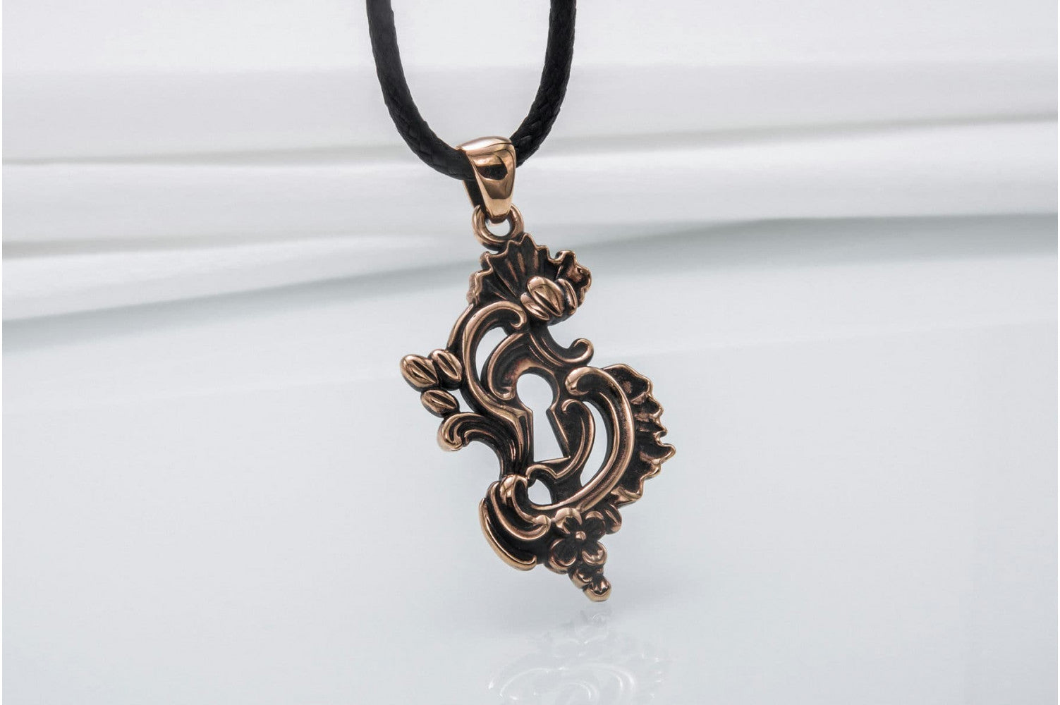 Keyhole Pendant with Flowers Ornament Bronze Handmade Jewelry - vikingworkshop