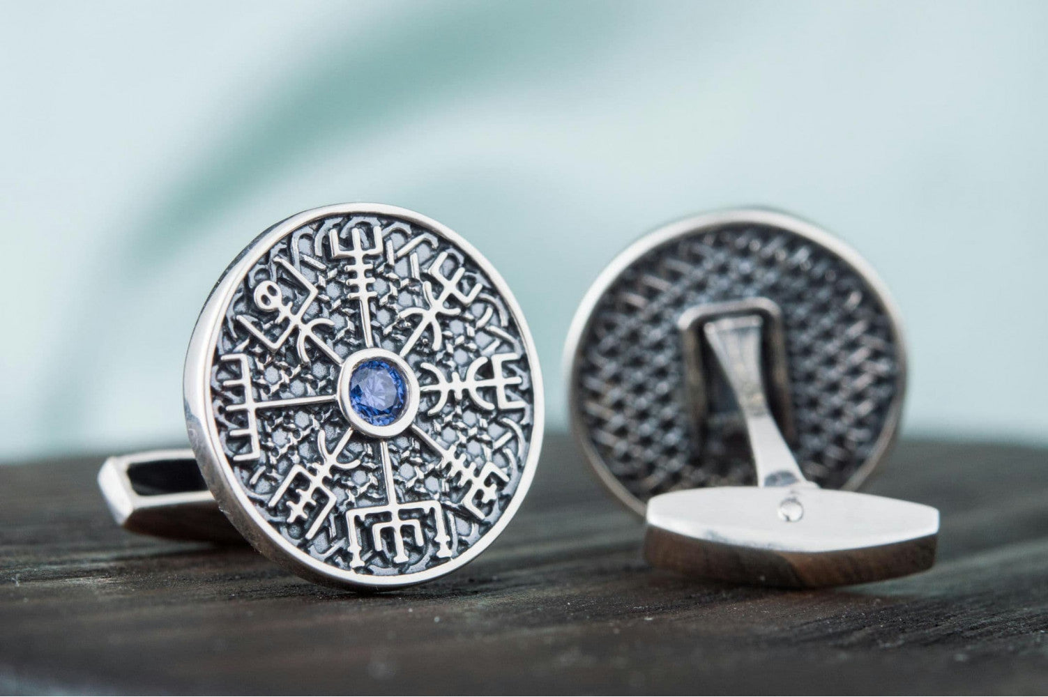 Unique Cufflinks with Vegvisir Symbol Sterling Silver Handmade Jewelry