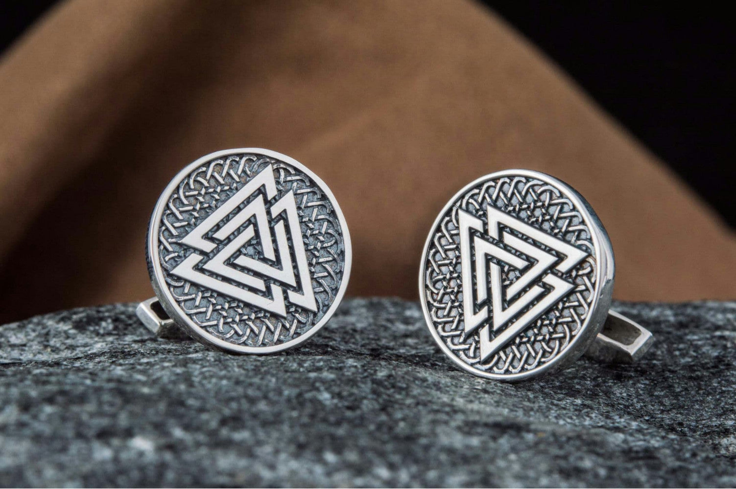 Unique Cufflinks with Valknut Symbol Sterling Silver Handmade Jewelry