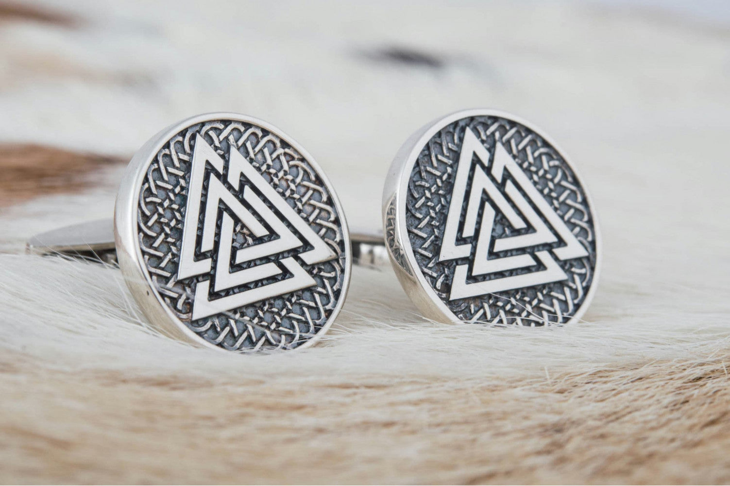 Unique Cufflinks with Valknut Symbol Sterling Silver Handmade Jewelry - vikingworkshop