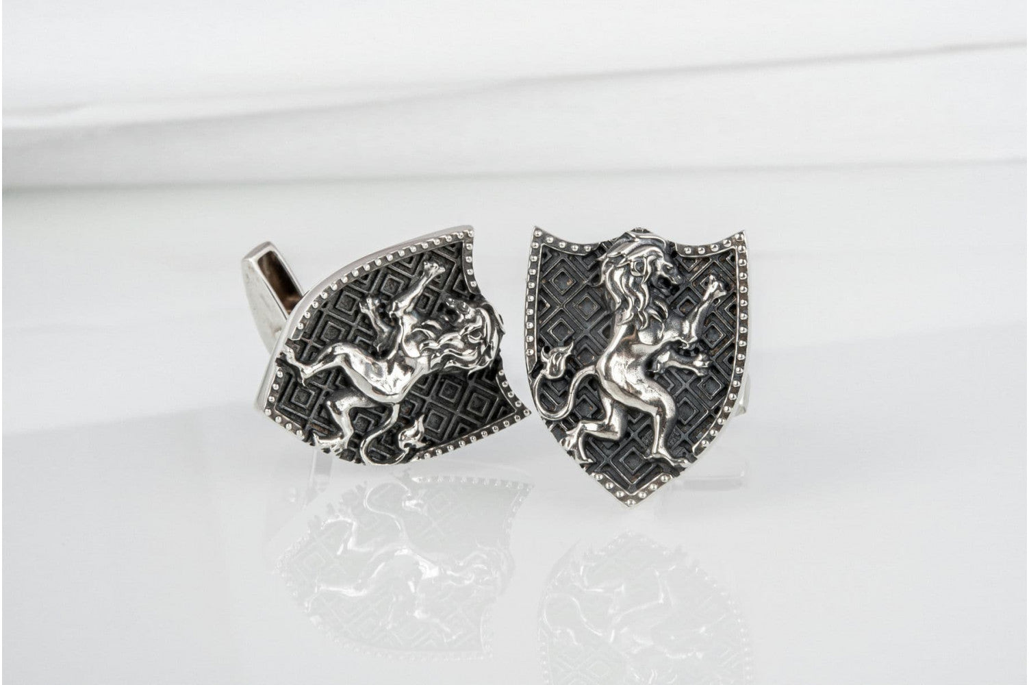 Unique handcrafted Shield with Lion cufflinks, 925 silver fashion jewelry