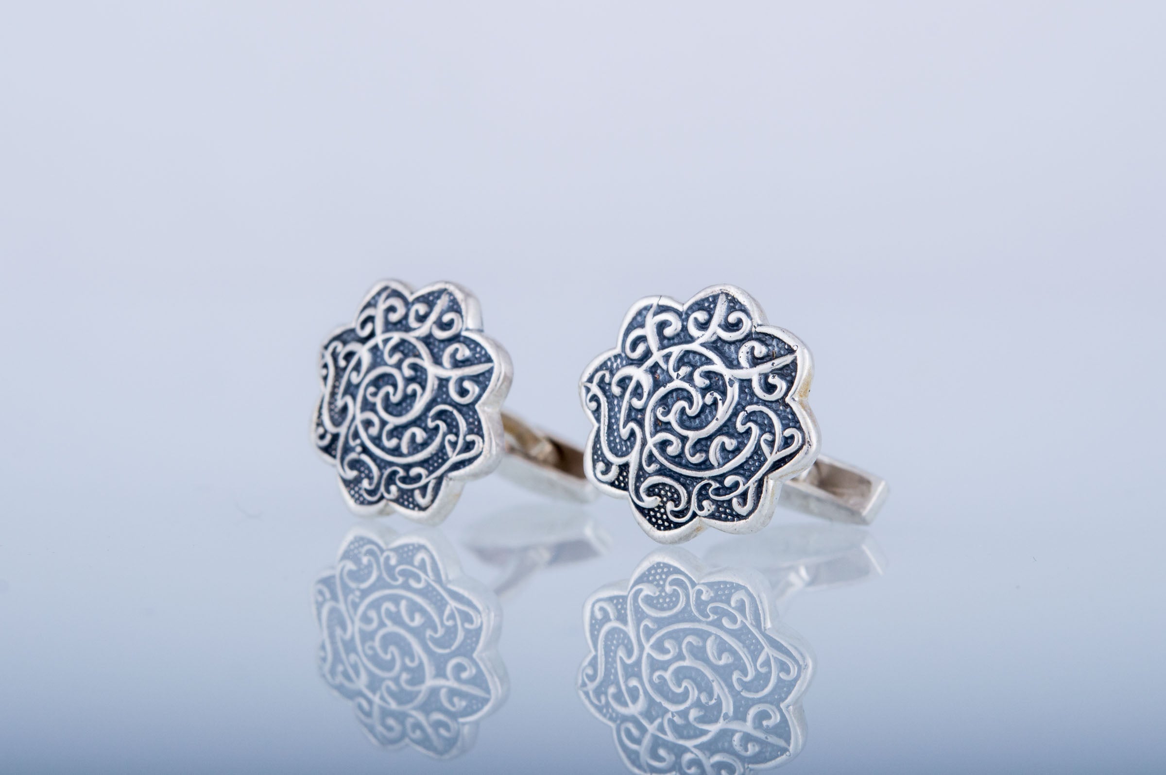 Cufflinks with Flower Ornament Sterling Silver Handmade Jewelry - vikingworkshop