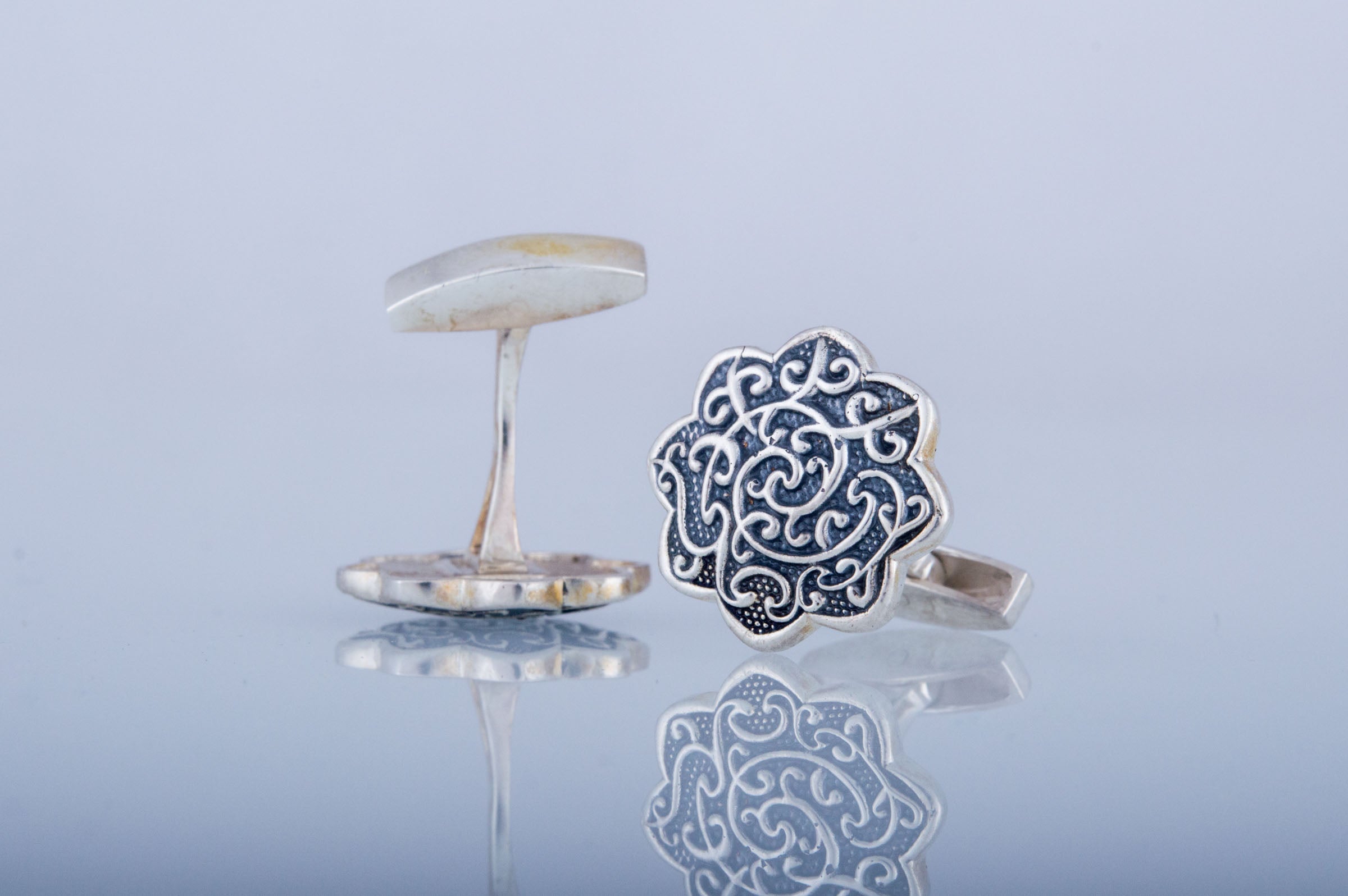 Cufflinks with Flower Ornament Sterling Silver Handmade Jewelry - vikingworkshop
