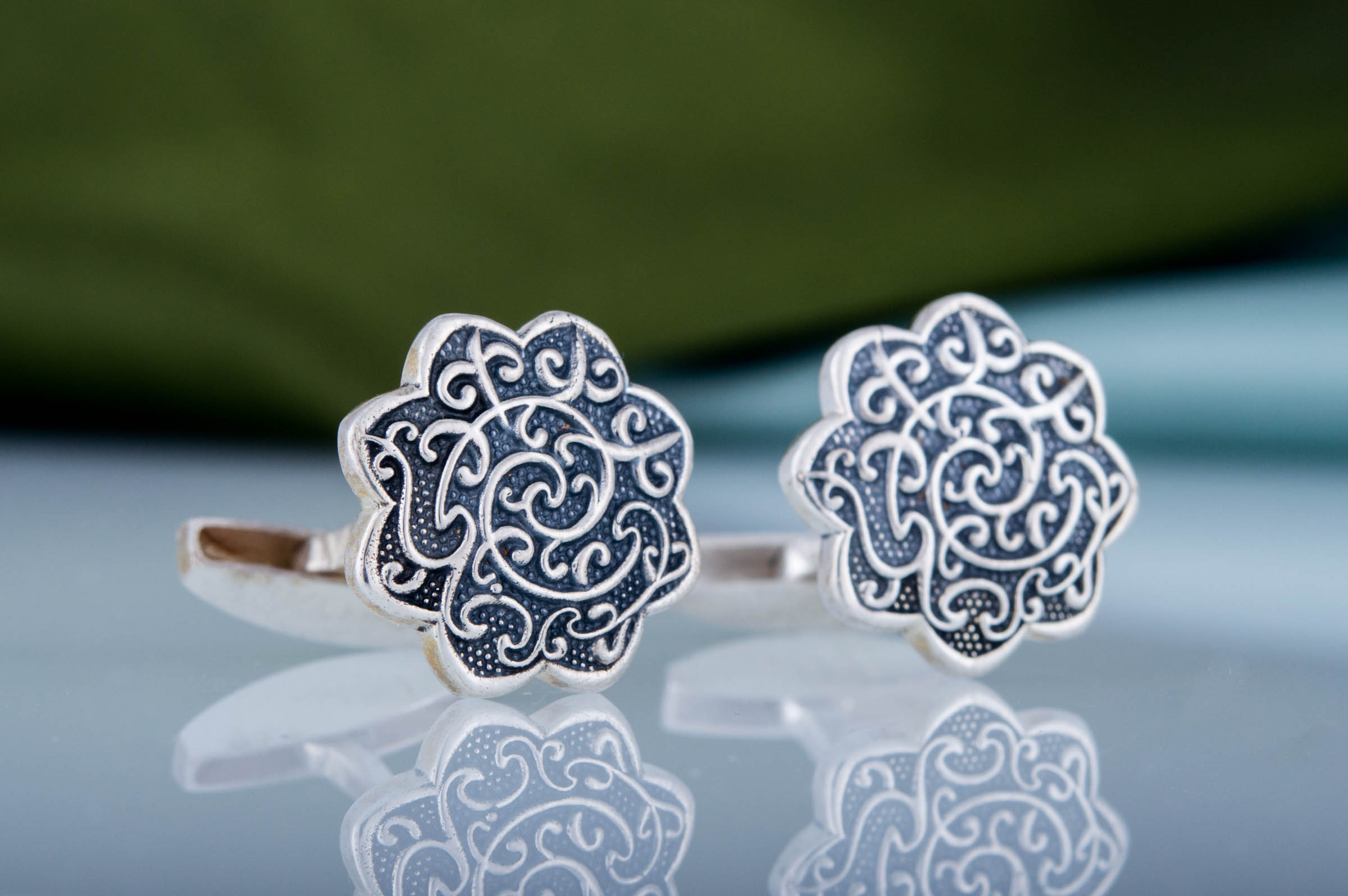 Cufflinks with Flower Ornament Sterling Silver Handmade Jewelry - vikingworkshop