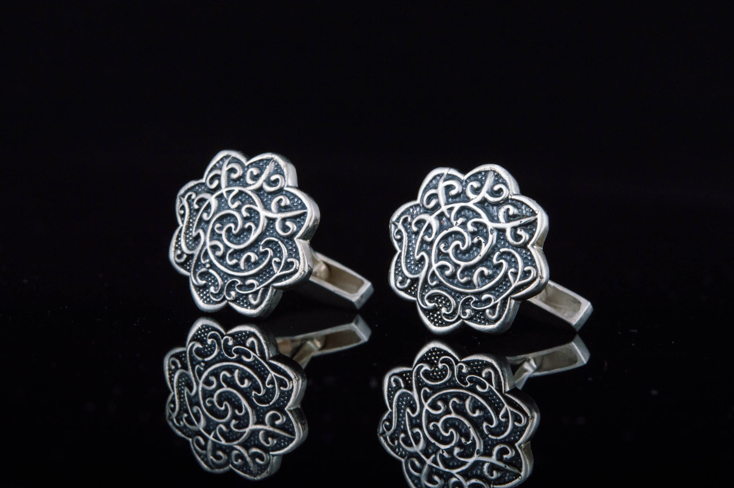 Cufflinks with Flower Ornament Sterling Silver Handmade Jewelry - vikingworkshop