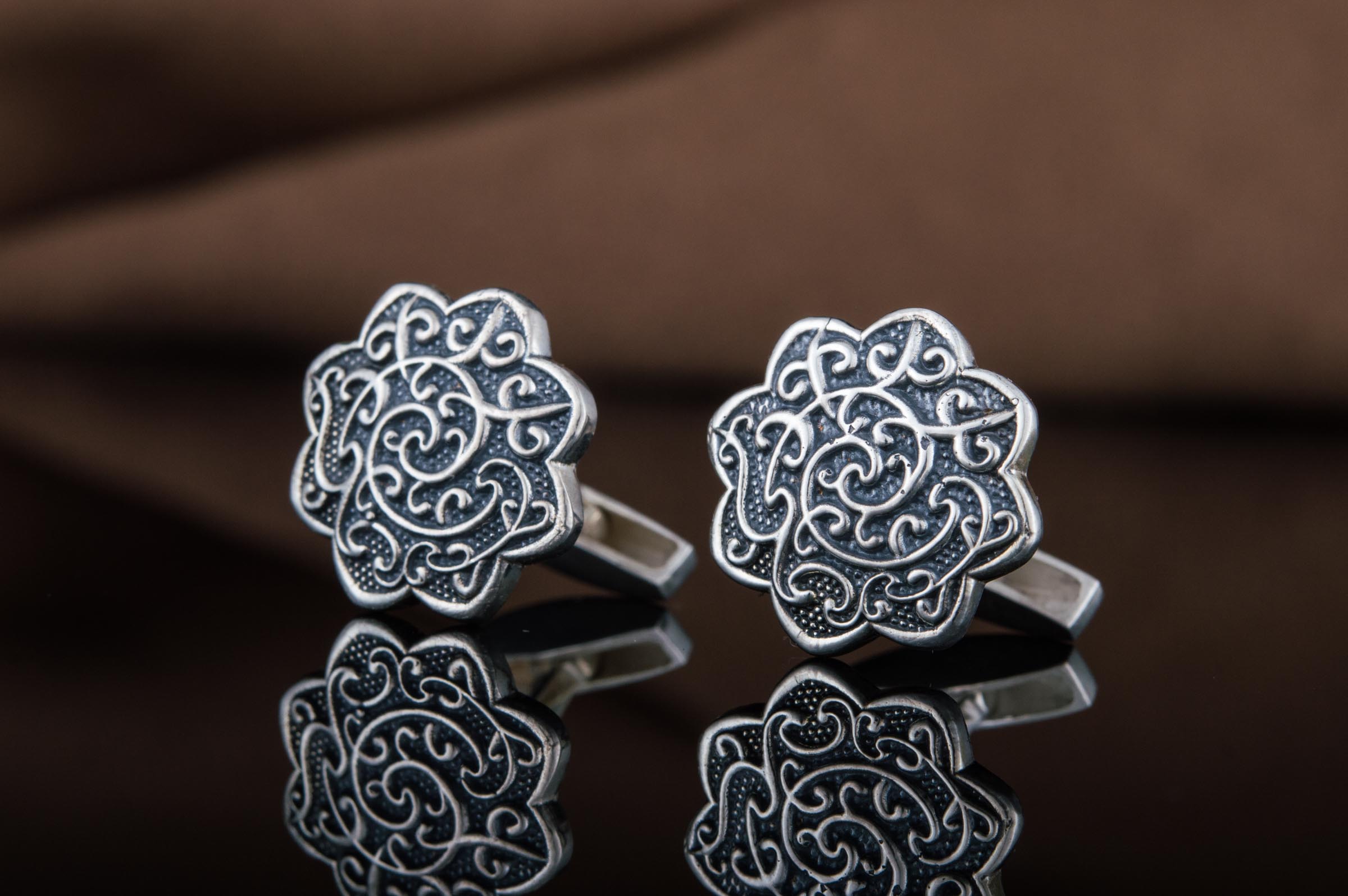 Cufflinks with Flower Ornament Sterling Silver Handmade Jewelry - vikingworkshop