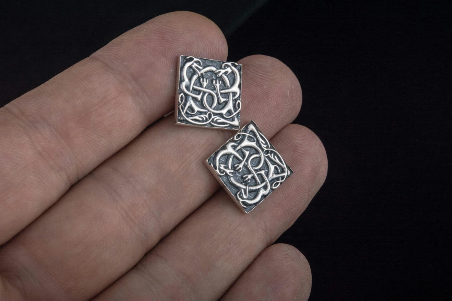 Unique Cufflinks with Norse Ornament Sterling Silver Handmade Jewelry V02
