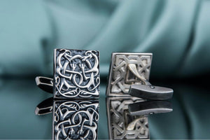 Unique Cufflinks with Norse Ornament Sterling Silver Handmade Jewelry V02 - vikingworkshop