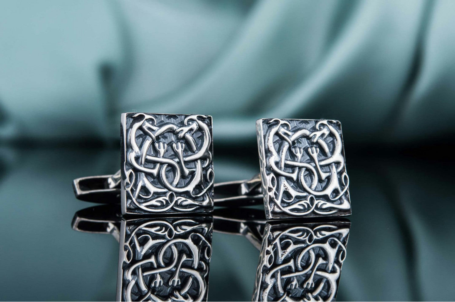 Unique Cufflinks with Norse Ornament Sterling Silver Handmade Jewelry V02 - vikingworkshop