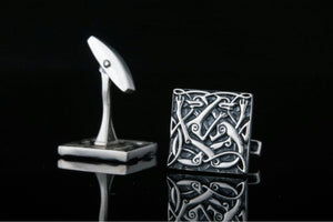 Unique Cufflinks with Norse Ornament Sterling Silver Handmade Jewelry V03 - vikingworkshop