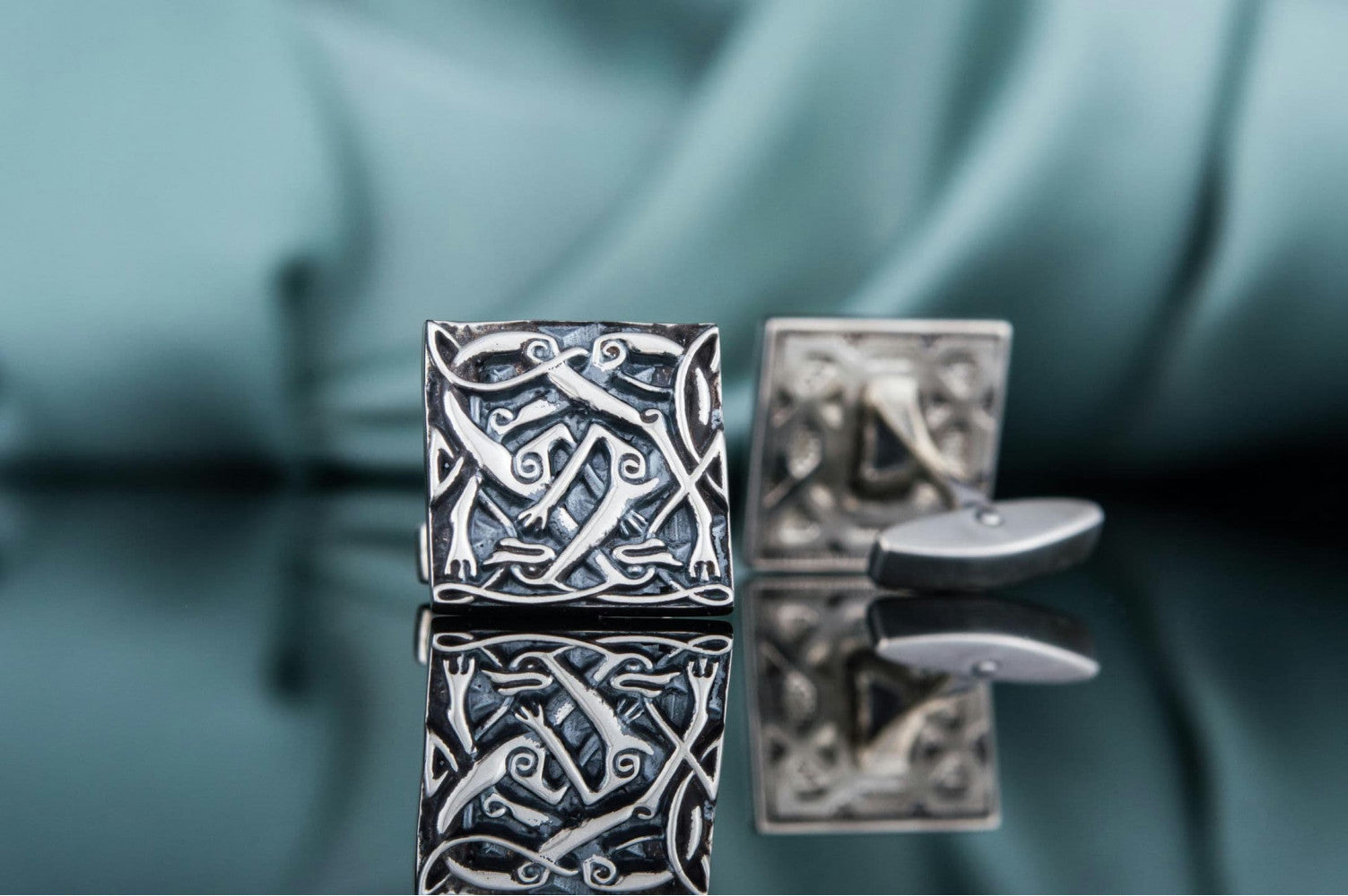 Unique Cufflinks with Norse Ornament Sterling Silver Handmade Jewelry V03 - vikingworkshop