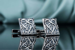 Unique Cufflinks with Norse Ornament Sterling Silver Handmade Jewelry V03 - vikingworkshop