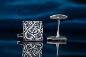 Unique Cufflinks with Norse Ornament Sterling Silver Handmade Jewelry V03 - vikingworkshop