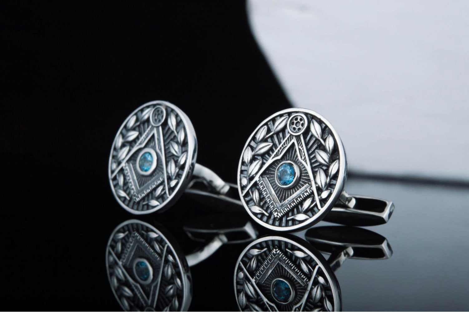 Unique Cufflinks with Masonic Symbol and CZ Sterling Silver Handmade Jewelry