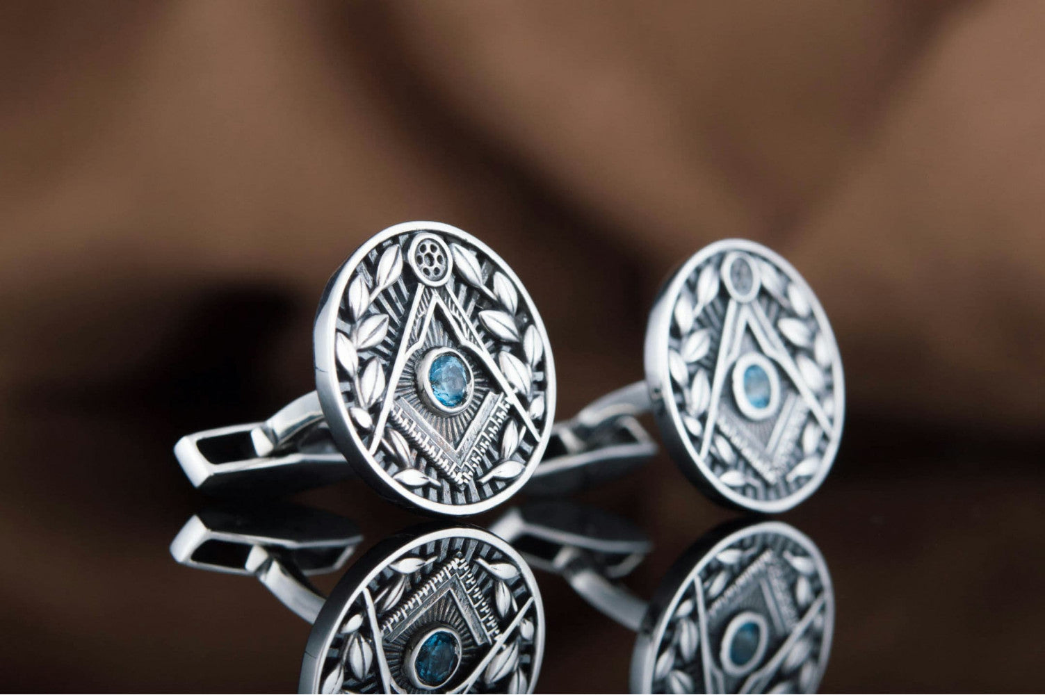 Unique Cufflinks with Masonic Symbol and CZ Sterling Silver Handmade Jewelry - vikingworkshop