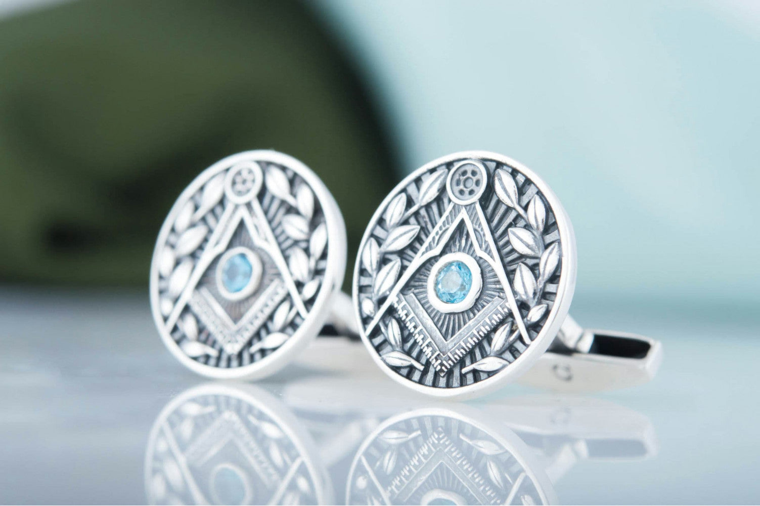 Unique Cufflinks with Masonic Symbol and CZ Sterling Silver Handmade Jewelry - vikingworkshop