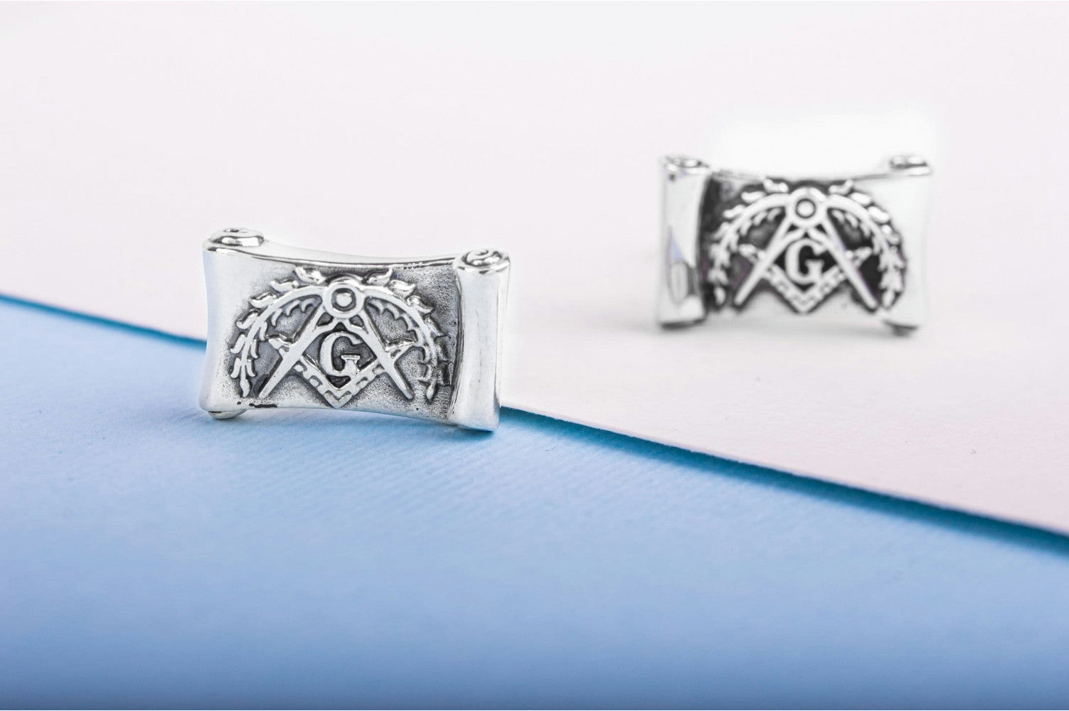 925 Silver Masonic Cufflinks with G Symbol on Scroll, Unique handmade jewelry - vikingworkshop