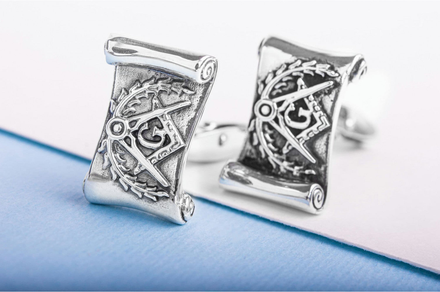 925 Silver Masonic Cufflinks with G Symbol on Scroll, Unique handmade jewelry - vikingworkshop