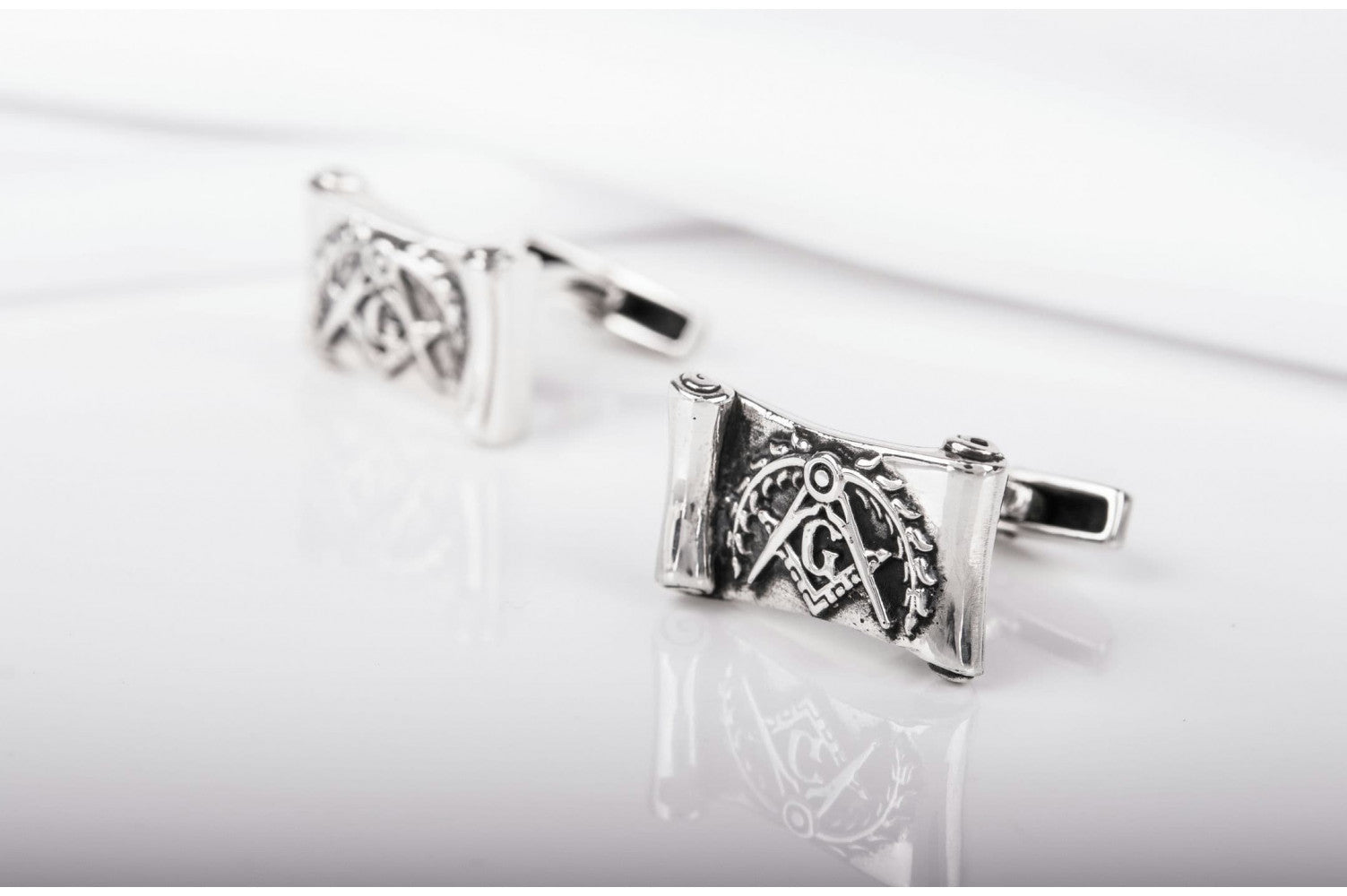 925 Silver Masonic Cufflinks with G Symbol on Scroll, Unique handmade jewelry - vikingworkshop