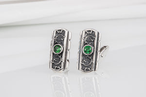 Unique handcrafted cufflinks with ornament and green gem, 925 silver fashion jewelry - vikingworkshop