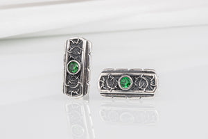 Unique handcrafted cufflinks with ornament and green gem, 925 silver fashion jewelry - vikingworkshop