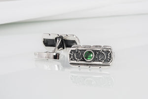 Unique handcrafted cufflinks with ornament and green gem, 925 silver fashion jewelry - vikingworkshop