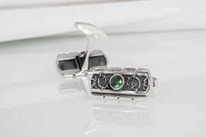 Unique handcrafted cufflinks with ornament and green gem, 925 silver fashion jewelry - vikingworkshop