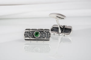 Unique handcrafted cufflinks with ornament and green gem, 925 silver fashion jewelry - vikingworkshop